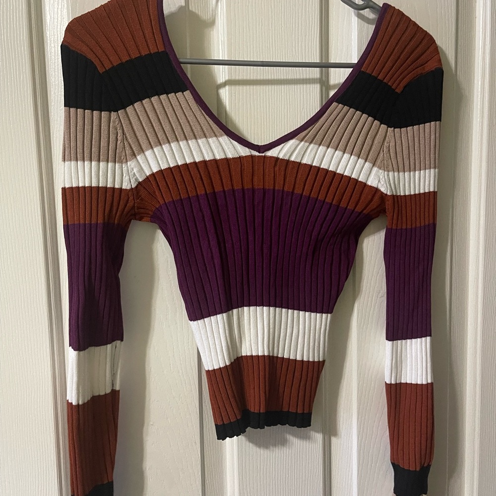 Striped V-Neck Ribbed Sweater